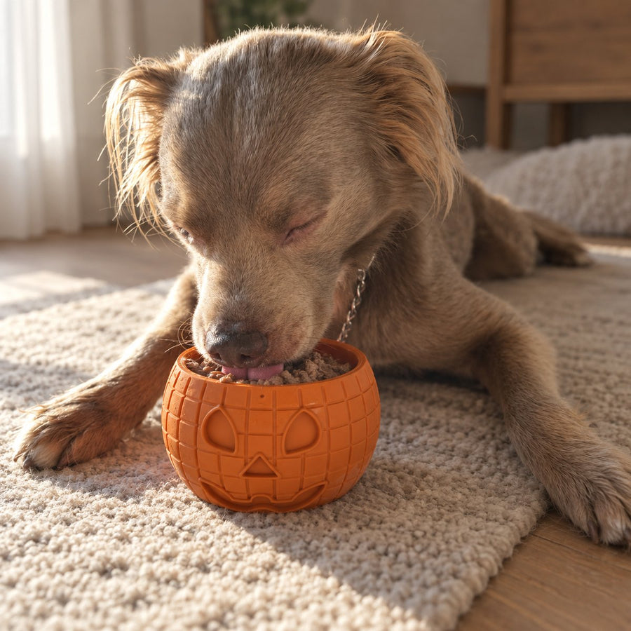 A dog licking a frozen FreezPumpkin