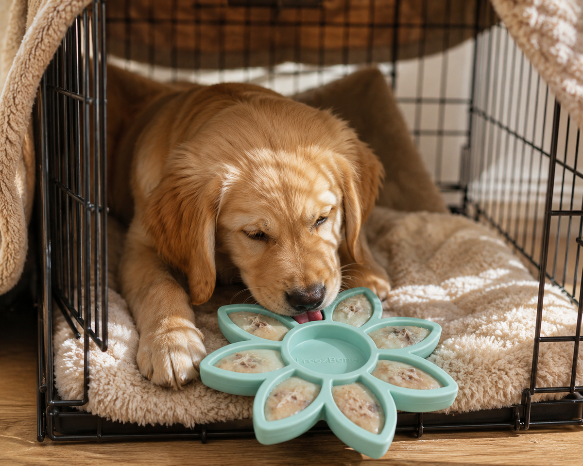 Puppy settled in a crate, licking a filled lick toy