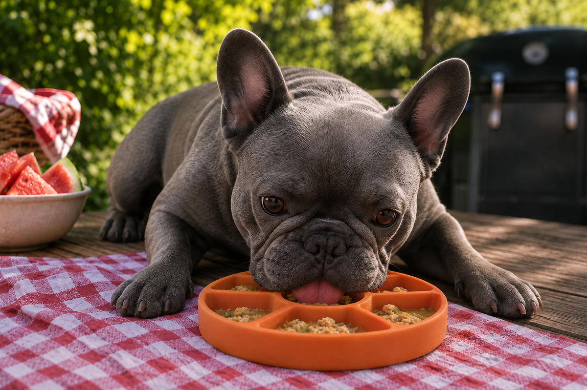 French bulldog licking a frozen lick tray on a picnic blanket