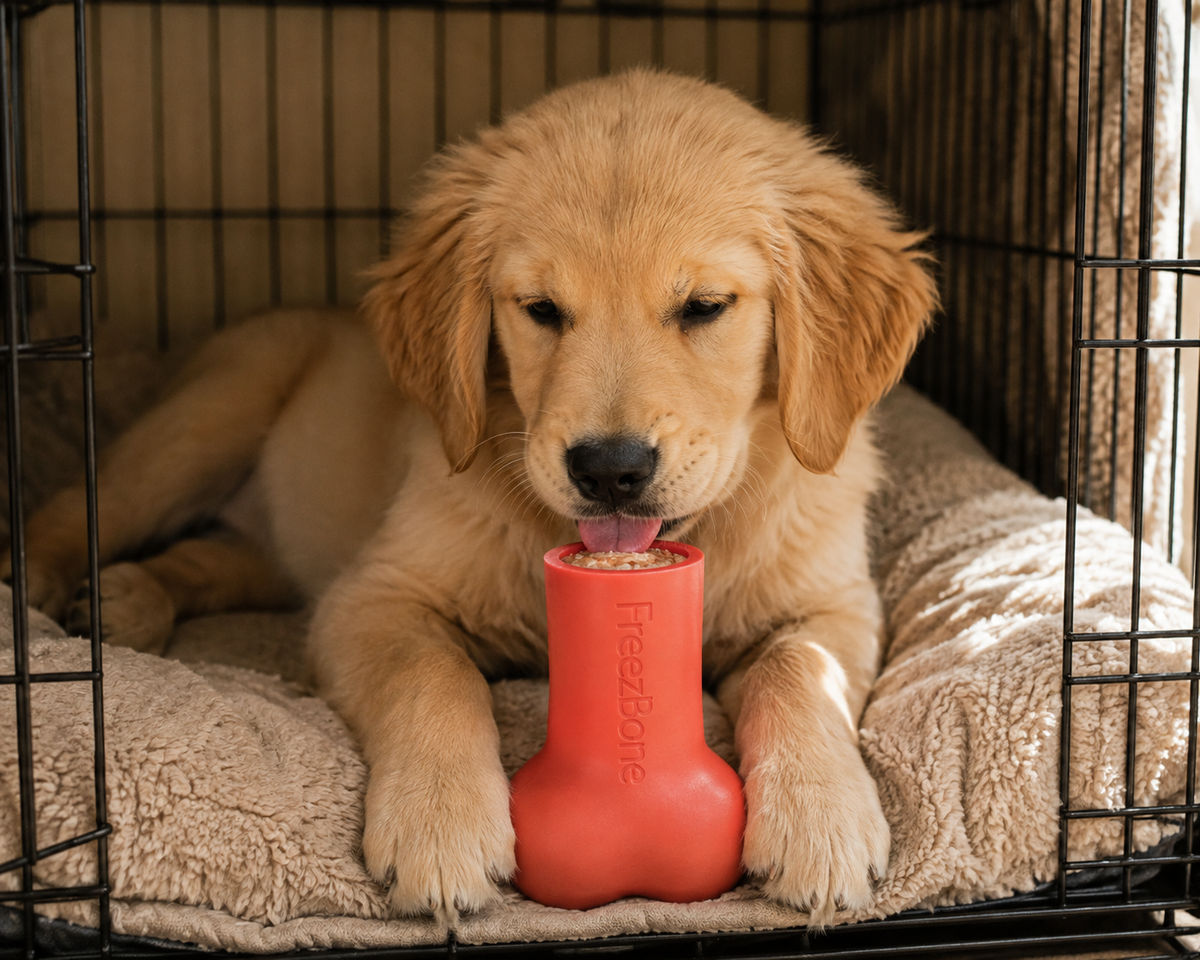 Golden puppy in a crate licking a frozen Freezstick