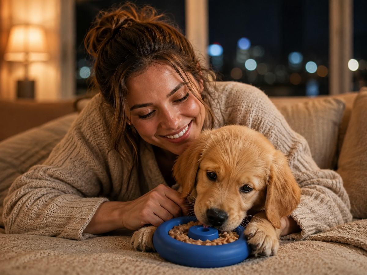 Smiling owner on the sofa with a puppy licking a Freezbone toy