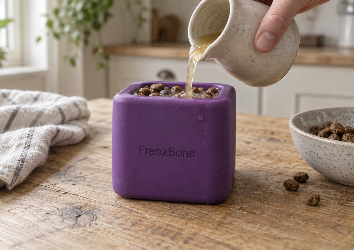 Freezbox filled with kibble and broth on a kitchen table