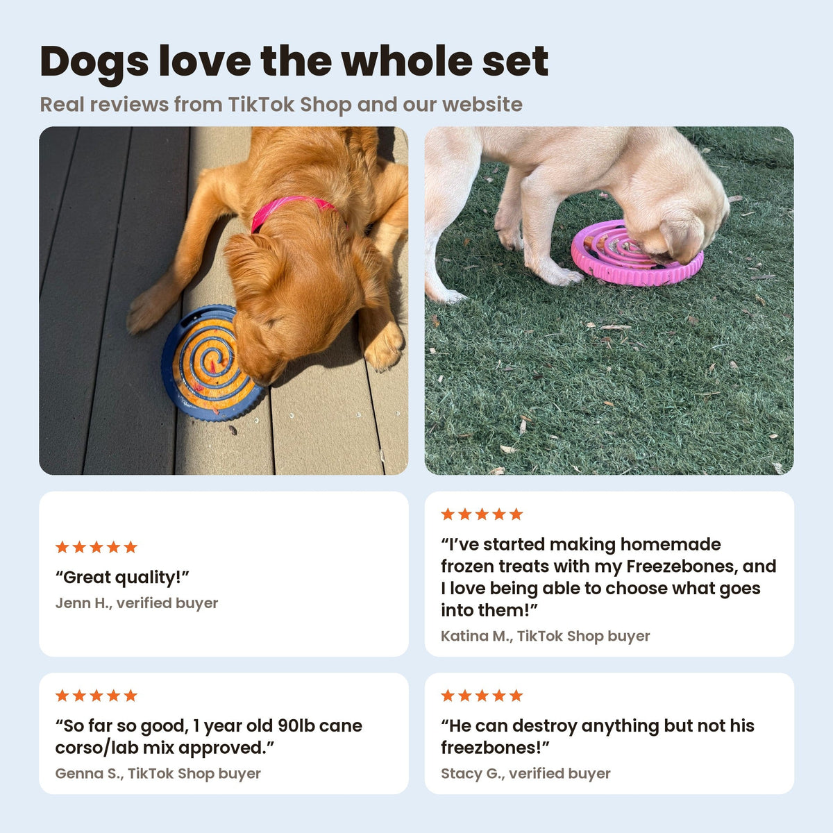 Best Seller Bundle reviews: a golden retriever with a navy FreezSwirl and a yellow lab with a pink FreezSwirl. Reviews from Jenn H., Katina M., Genna S. and Stacy G.