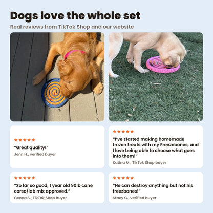 Best Seller Bundle reviews: a golden retriever with a navy FreezSwirl and a yellow lab with a pink FreezSwirl. Reviews from Jenn H., Katina M., Genna S. and Stacy G.