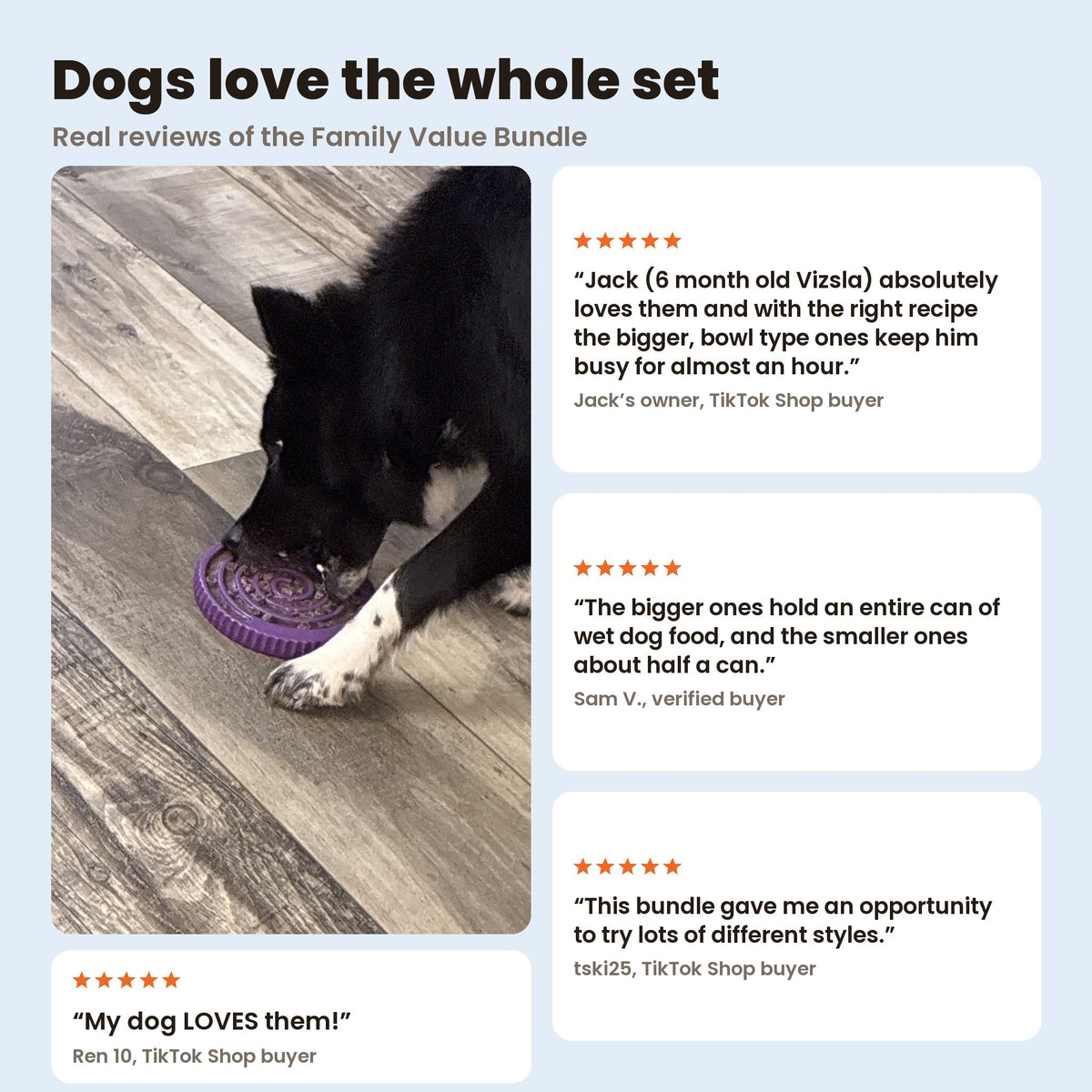 Family Value Bundle reviews: a dog licking a purple FreezDoughnut. Reviews from Ren 10, Sam V., tski25 and a Vizsla owner