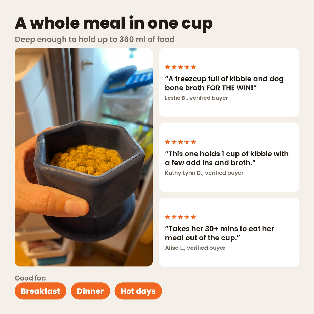 FreezCup holds a whole meal: a navy FreezCup full of kibble in a hand. Deep enough to hold up to 360 ml of food. Good for breakfast, dinner and hot days