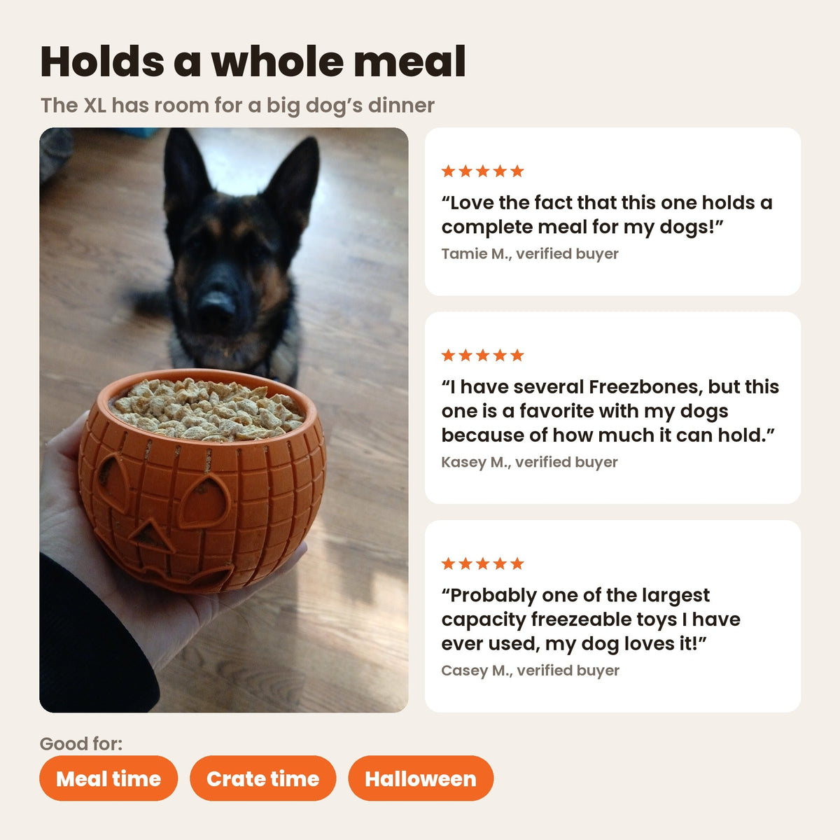 FreezPumpkin holds a whole meal: a hand holding a FreezPumpkin full of kibble with a German Shepherd waiting. Reviews from Tamie M., Kasey M. and Casey M. Good for meal time, crate time and Halloween