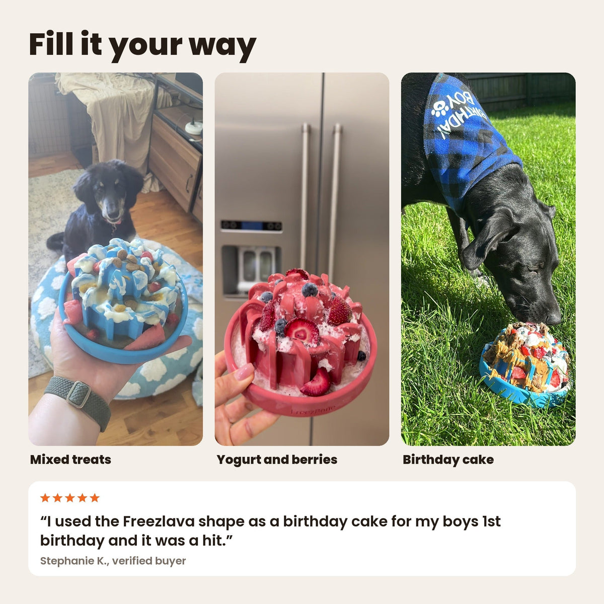 FreezLava filled three ways: mixed treats, yogurt and berries, and a birthday cake. Review from Stephanie K.