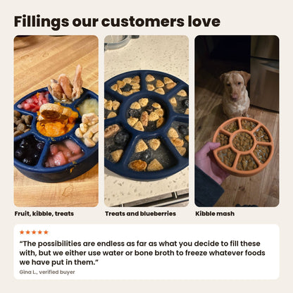 FreezWheel fillings from customers: fruit, kibble and treats; treats and blueberries; kibble mash
