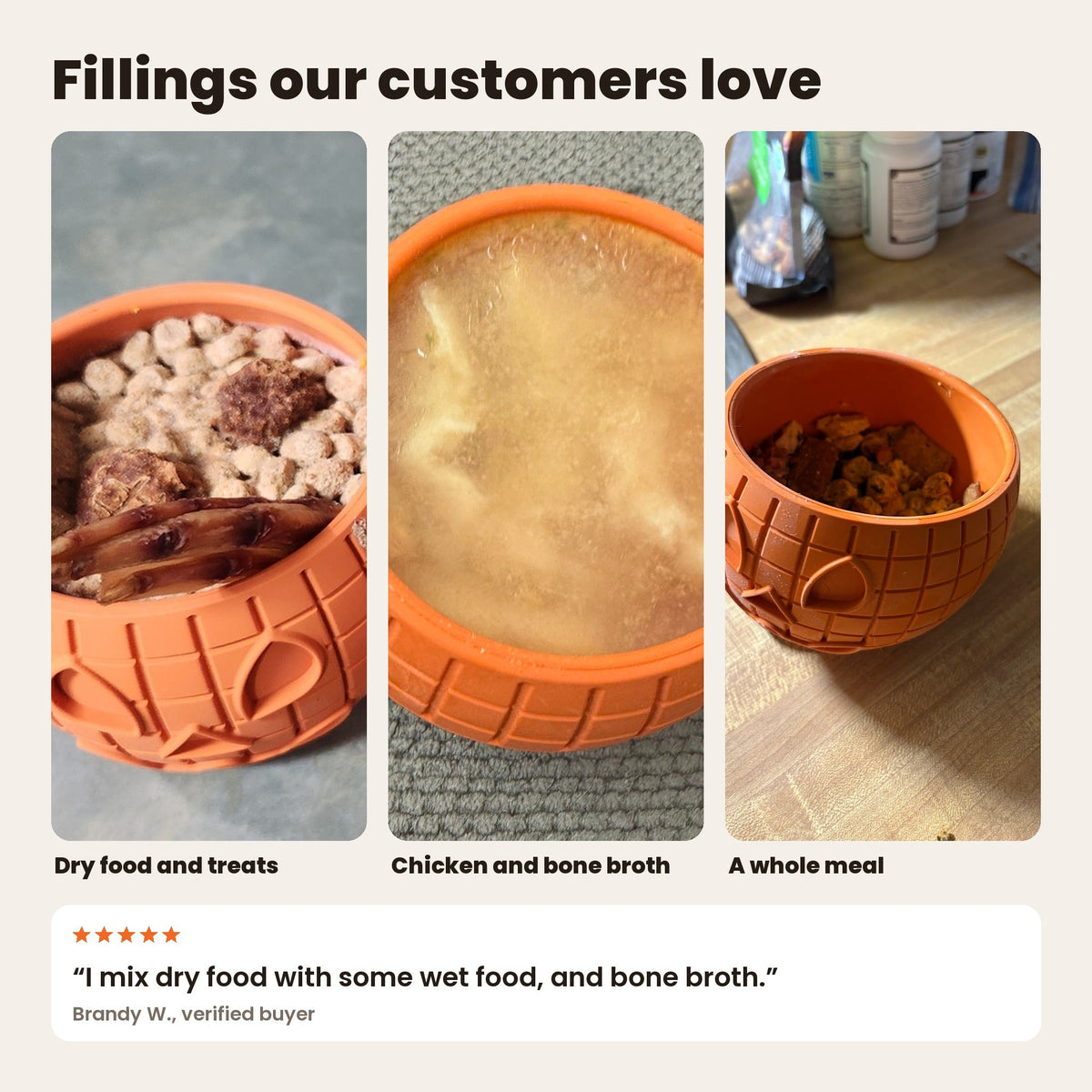 FreezPumpkins filled by customers with dry food and treats, chicken and bone broth, and a whole meal. Review: dry food with some wet food, and bone broth