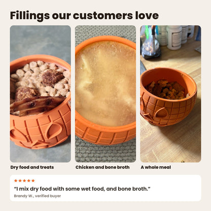 FreezPumpkins filled by customers with dry food and treats, chicken and bone broth, and a whole meal. Review: dry food with some wet food, and bone broth