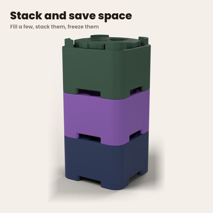 Three FreezBrick Toughs stacked: navy, purple and green