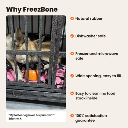 FreezPumpkin, why FreezBone: a foster dog in a crate with his FreezPumpkin. Natural rubber, dishwasher safe, freezer and microwave safe, wide opening, easy to clean, 100% satisfaction guarantee