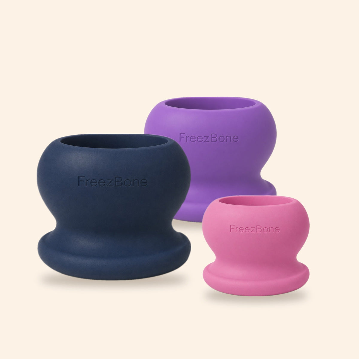 FreezBall in navy, purple and pink, shown in XL, L and M