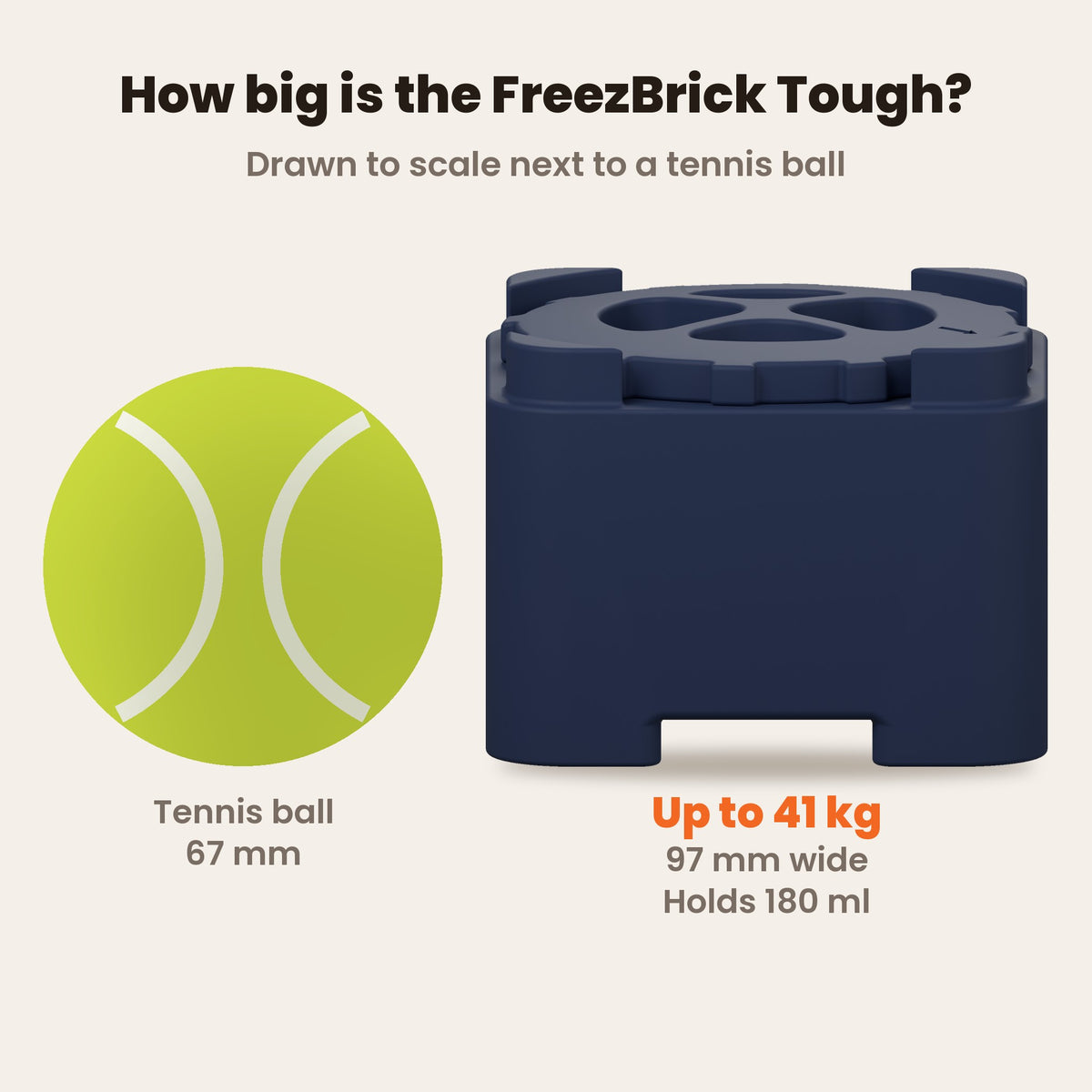 FreezBrick Tough size drawn to scale next to a tennis ball: 97 mm wide, holds 180 ml, for dogs up to 41 kg