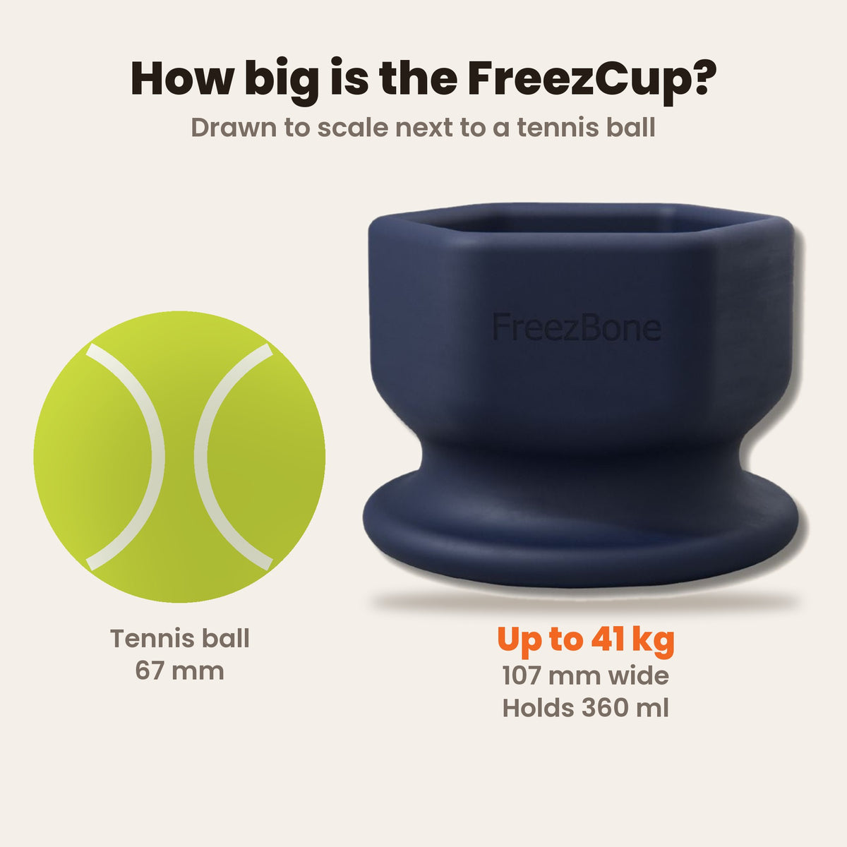 FreezCup size guide drawn to scale next to a tennis ball: 107 mm wide, holds 360 ml, for dogs up to 41 kg