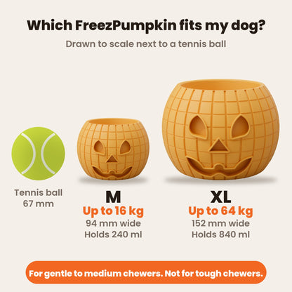 FreezPumpkin size guide drawn to scale next to a tennis ball: M 94 mm wide, holds 240 ml, for dogs up to 16 kg; XL 152 mm wide, holds 840 ml, for dogs up to 64 kg. For gentle to medium chewers, not for tough chewers