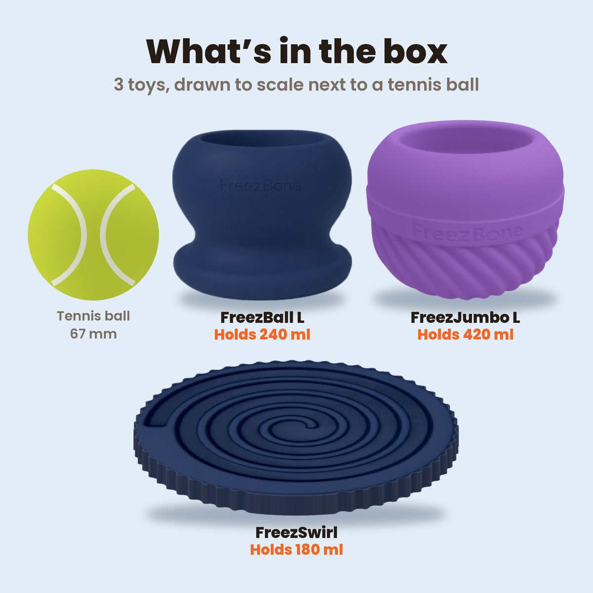 What is in the Best Seller Bundle, drawn to scale next to a tennis ball: FreezBall L holds 240 ml, FreezJumbo L holds 420 ml, FreezSwirl holds 180 ml