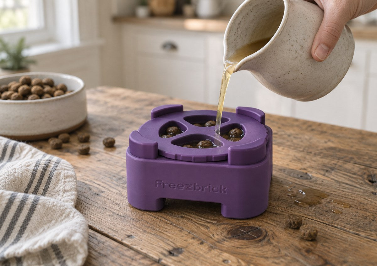 FreezBrick filled with broth + kibble