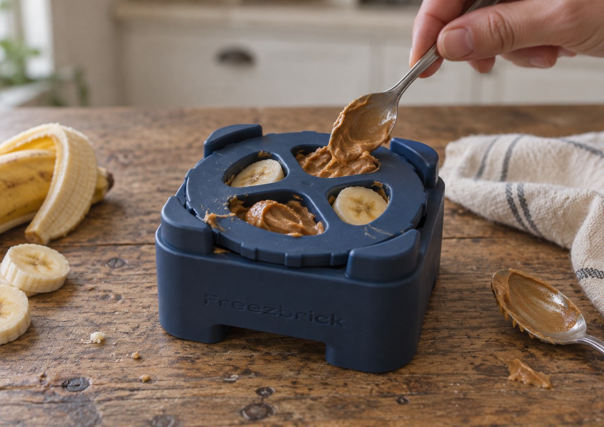 FreezBrick filled with peanut butter + banana
