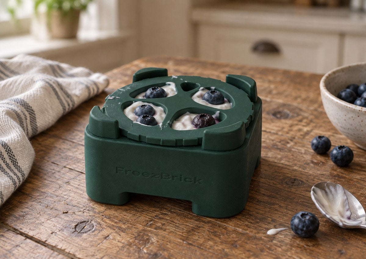 FreezBrick filled with yogurt + blueberries