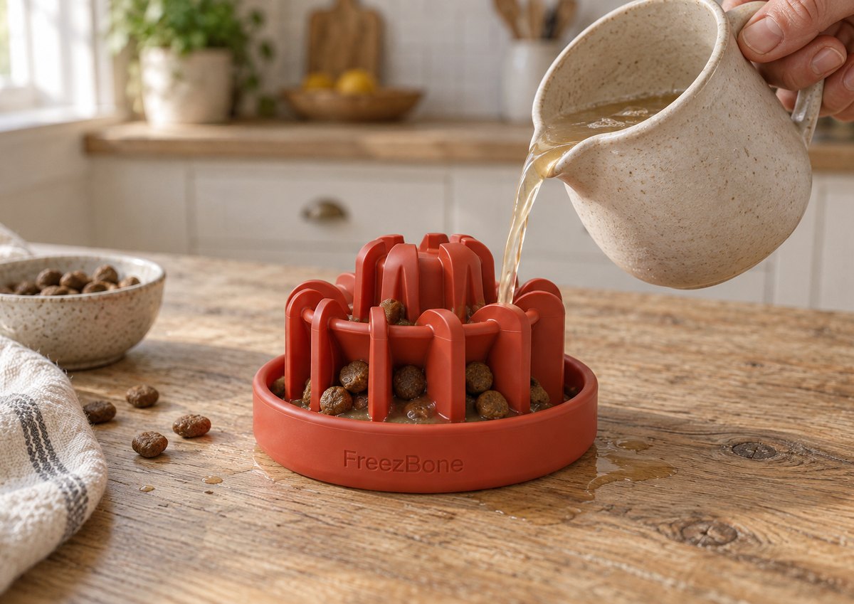 FreezLava filled with broth + kibble